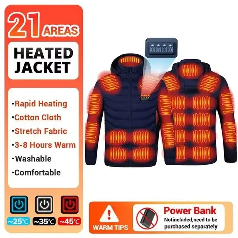 USB Heated Cotton Clothes Jacket 21 Areas Heating Jacket Warm Snowfield Heated Vests Coat Hunting Hiking Camping Winter S-6XL