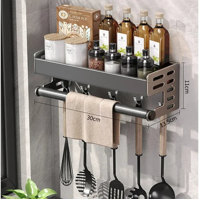 Stylish Wall-Mounted Kitchen Condiment Rack with Storage Box Multifunctional Household Utensil Rack with Oil Vinegar Dispenser