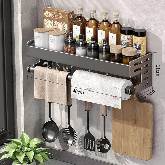 Stylish Wall-Mounted Kitchen Condiment Rack with Storage Box Multifunctional Household Utensil Rack with Oil Vinegar Dispenser