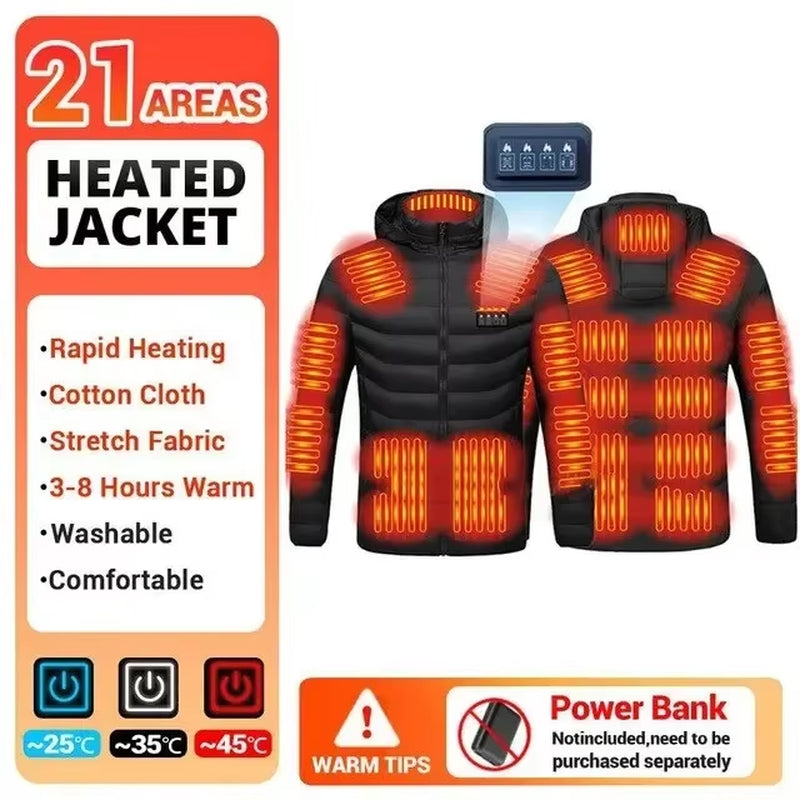 USB Heated Cotton Clothes Jacket 21 Areas Heating Jacket Warm Snowfield Heated Vests Coat Hunting Hiking Camping Winter S-6XL